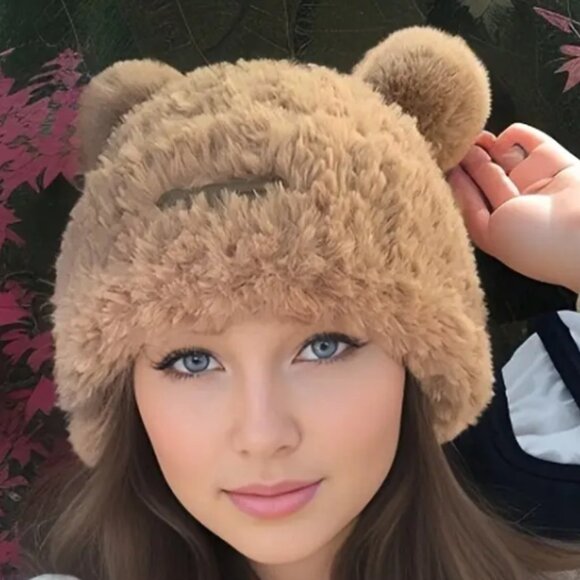 Women's New, Warm, Comfy, Incredibly Soft, and Adorable Teddy Bear Hat in Khaki. - Picture 2 of 2